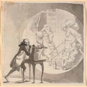 En man med en laterna magica visar en stöld som äger rum under näsan på den sovande vakten av Nicolai Abildgaard