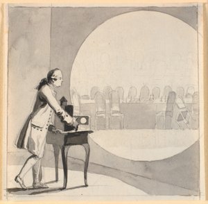 En man med en laterna magica visar en bild av det tomma skåprummet av Nicolai Abildgaard