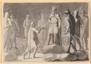 Kompositionsutkast; en kung, omgiven av krigare i ett hov, ger ett riddarsvärd till en man av Nicolai Abildgaard