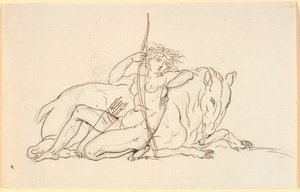Kvinnofigur med pilar och tittare, sittande lutad mot ett imaginärt djur (eventuellt en myrslok). Allegori av Amerika av Nicolai Abildgaard