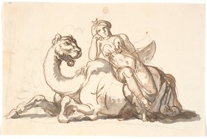 Kvinnofigur med turban och halvmåne, sittande lutad mot en fantastisk kamel. Allegori över Asien av Nicolai Abildgaard