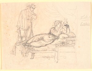 Lesbia och Catullus. Lesbia lutar sig tillbaka och håller en fågel på vänster hand. Catullus står bakom