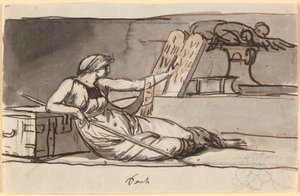 Lutande kvinnlig figur som symboliserar den judiska religionen av Nicolai Abildgaard