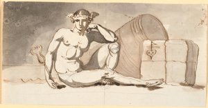 Kvicksilver, sittande vid varubalar. Allegori om handel av Nicolai Abildgaard