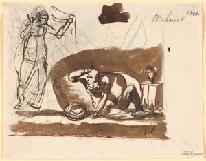 Muhammed, sittande mellan kuddar, till vänster en kvinnlig figur av Nicolai Abildgaard