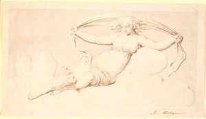 Natt, en vilande kvinnofigur. Gjort som grisaille. Samma sammansättning som Td 542.38, men utan vingar och med utblåst hår av Nicolai Abildgaard
