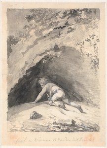 Niels Klim kryper in i grottan av Nicolai Abildgaard