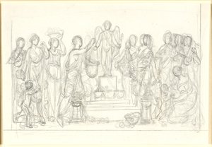 Offer till Amor. Den bevingade Amoren på en sockel, omgiven av talrika figurer av Nicolai Abildgaard