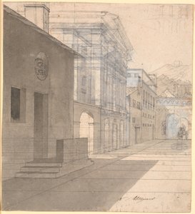 Perspektivstudie av arkitekturen i bilden av barnmorskan som lämnar Androspigens hus av Nicolai Abildgaard