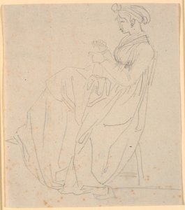 Profilbild på konstnärens andra fru Juliane Marie Abildgaard född Ottesen, sittande med att sy kläder, helfigur av Nicolai Abildgaard