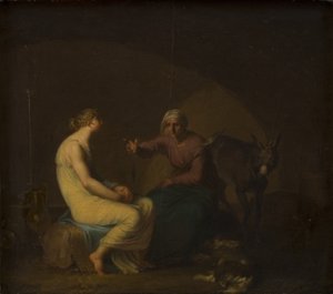 Rånargängets hushållerska tröstar den unga flickan genom att berätta myten om Amor och Psyche. Motiv från Apuleius: Den gyllene åsnan av Nicolai Abildgaard