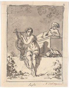 Sappho, sittande med sin lyra, i bakgrunden vilar en hermafrodit av Nicolai Abildgaard