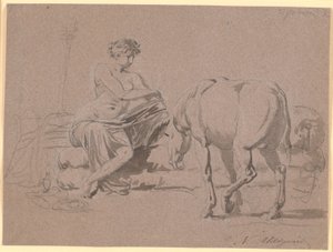 Scen från Apuleius "The Golden Ass" Bok 10. Den unga flickan klär av sig, till höger står åsnan av Nicolai Abildgaard