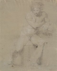 Sittande modell på sockel med kudde. Frontvy. Höger hand under vänster armhåla av Nicolai Abildgaard