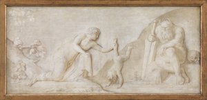 Thetis nedsänker sin spädbarnsson Achilles i floden Styx för att göra honom osårbar av Nicolai Abildgaard