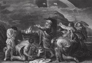 Noas offer, Första Moseboken, kap 8, v 20 (gravyr) av Nicolas (after) Poussin