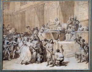 Franska revolutionen: Nationella konventet dekreterar avskaffandet av slaveriet i kolonierna den 4/02/1794 (16 Pluviose An II) i Paris. Bläckteckning av Nicolas Andre Monsiau (1754-1837) Sön. 0,26x0,33 m Paris, Musee Carnavalet