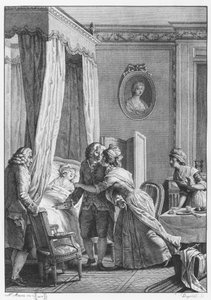 Besöket av doktorn från Boson, illustration ur "La Nouvelle Heloise" av Jean-Jacques Rousseau (1712-78), graverad av Noel Le Mire (1724-1800).