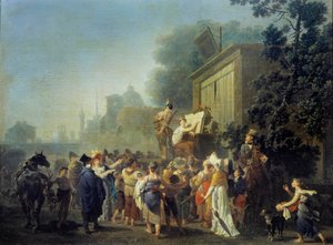 De resande komikerna, galenskapens teater Målning av Nicolas Taunay (1755-1830) Reims 1800-talet, Musee des Beaux Arts