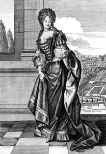 Elisabeth Charlotte av Bayern (1652-1722) med smeknamnet Liselotte, prinsessan av Pfalz, 1671 blev hon hertiginnan av Orleans, hertig Philippe OfOrleans andra hustru, gravyr av N. Arnoult efter Dieu