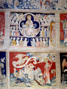 Uppenbarelsegardin (1373-1383), n. 13: Gud och Lammet, symbol för Kristus. Nedan, n. 20, de tre änglarna befriar krafterna. Gobeläng av Nicolas Bataille (1330-1405) av Nicolas Bataille