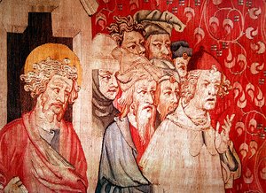 Detalj av män som lyssnar på ängeln som förutsäger deras tortyr, från "The Apocalypse of Angers", 1373-87 av Nicolas Bataille