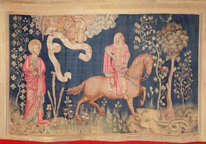 Hungersnöd på den svarta hästen, från Angers apokalyptiska gobeläng, 1373-87 (gobeläng)