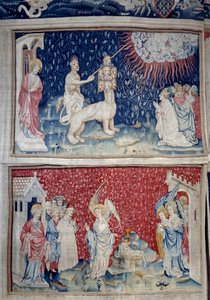 Upphängning av uppenbarelse (1373-1383), n. 44: Jordens Bete får eld att falla från himlen. Nedan, n. 51, den tredje ängeln och lammet. Gobeläng av Nicolas Bataille (1330-1405) av Nicolas Bataille