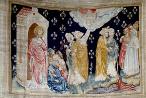 Upphängning av uppenbarelse (1373 -1383), n. 28: miraklet. Fideles Guds tjänare och profeter ser på floden förvandlad till blod. Gobeläng av Nicolas Bataille (1330-1405) av Nicolas Bataille