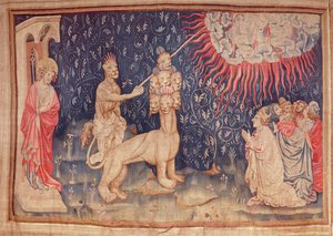 The Beast of the Earth får eld att falla från himlen, från Apocalypse Tapestry of Angers, 1373-87 (gobeläng)
