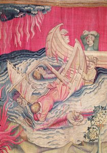 The Second Trumpet and the Shipwreck, detalj av de sjunkande skeppen, nummer 21 från The Apocalypse of Angers, 1373-87 gobeläng av Nicolas Bataille
