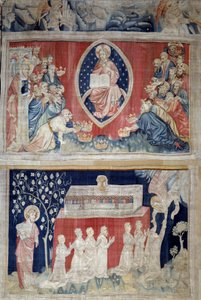 Uppenbarelsens ridå (1373-1383), n. 5: de åldringar lägger sig fram för Kristus i majestät (Jesus Kristus i härlighet är representerad inuti en mandorla). N. 11: martyrernas själar. Gobeläng av Nicolas Bataille (1330-1405) av Nicolas Bataille