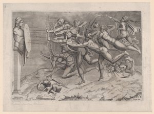 Nakna bågskyttar som skjuter mot ett mål fäst vid en herm, Amor sover nedanför, ev..., ca. 1540-60.