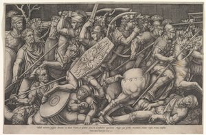 Romerska soldater som slåss mot Dacians, stridsscen på grunt djup med hästar och hor..., 1553.