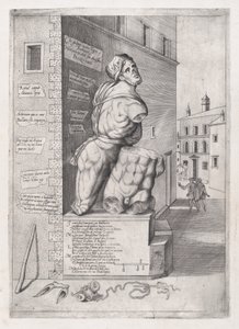 Mirror of Roman Magnificence: Staty av Pasquin i kardinal Ursinos hus..., 1500-talet. av Nicolas Beatrizet