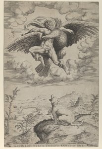 Ganymedes våldtäkt av Jupiter i skepnad av en örn som bär honom till himlen, hej..., 1542.