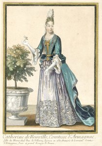 Franska tryck som sprider franskt mode: Porträtt av Catherine de Neuville, grevinnan av Armagnac Catherine de Neuville, grevinna av Armagnac, klädd enligt franskt mode ca. 1685 av Nicolas Bonnart (fils)