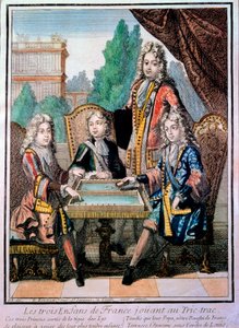 Barnbarnen till Ludvig XIV (1638-1715), Ludvig hertig av Bourgogne (d. 1712), Philippe, hertig av Anjou (1683-1746), och Charles, hertig av Berry med deras far, Ludvig (d. 1711), delfin i Frankrike, spelar tric trac (Trictrac eller Trictrac: backga:s förfa
