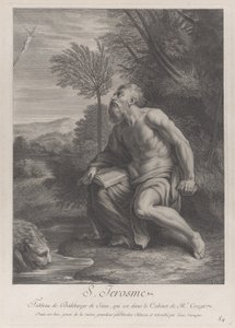 Den helige Hieronymus sitter vid ett träd och tittar upp på ett krucifix, ett lejon som dricker vatten från en ström..., 1728 av Nicolas Chateau
