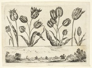Blommor och jaktscen, från Livre Nouveau de Fleurs... av Nicolas Cochin