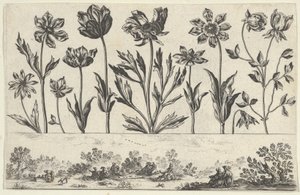 Horisontell panel med en rad blommor över en fris med figurer i ett landskap, från Li..., 1645.
