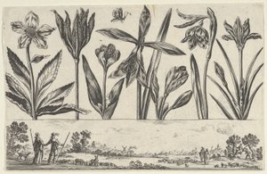 Horisontell panel med en rad blommor över en fris med figurer i ett landskap, från Li..., 1645. av Nicolas Cochin