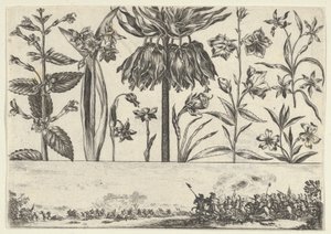 Horisontell panel med en rad blommor ovanför en fris med en stridsscen i ett landskap, ..., 1645.