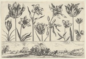 Horisontell panel med en rad blommor ovanför en fris med en stridsscen i ett landskap, ..., 1645. av Nicolas Cochin