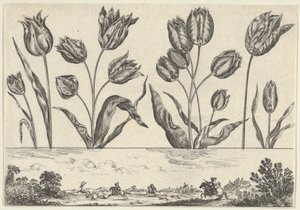 Horisontell panel med en rad blommor ovanför en fris med en jaktscen i ett landskap,..., 1645. av Nicolas Cochin