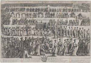 Processionen av St. Genevieves kista, med präster och lekmän som marscherar i sex rader..., 1652.