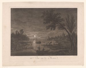 Nattvy över Maas med fiskare III.ème Vue sur la Meuse. (titel på objekt) av Nicolas Dufour