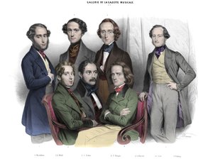 Galerie de la Gazette musicale N. 2. Celebres of 1842: Frederic Chopin (1810-1849) Franz Liszt (1811-1886), Jacob (Jakob, Jacques) Rosenhain, Edouard Wolff, Sigismund Thalberg, Adolf von Henselt, Theodor (Theodore) Dohler (1814-1856). Gravyr av Nicolas