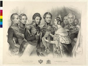 Drottning Victoria av England överlämnar Strumpebandsorden till kung Ludvig Filip av Frankrike