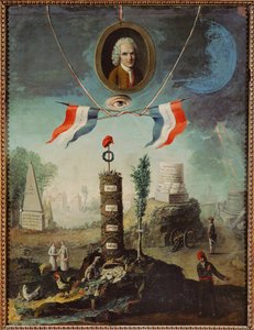 Allegori över den franska revolutionen med ett porträtt av Jean-Jacques Rousseau och en jakobinsk frygisk mössa...